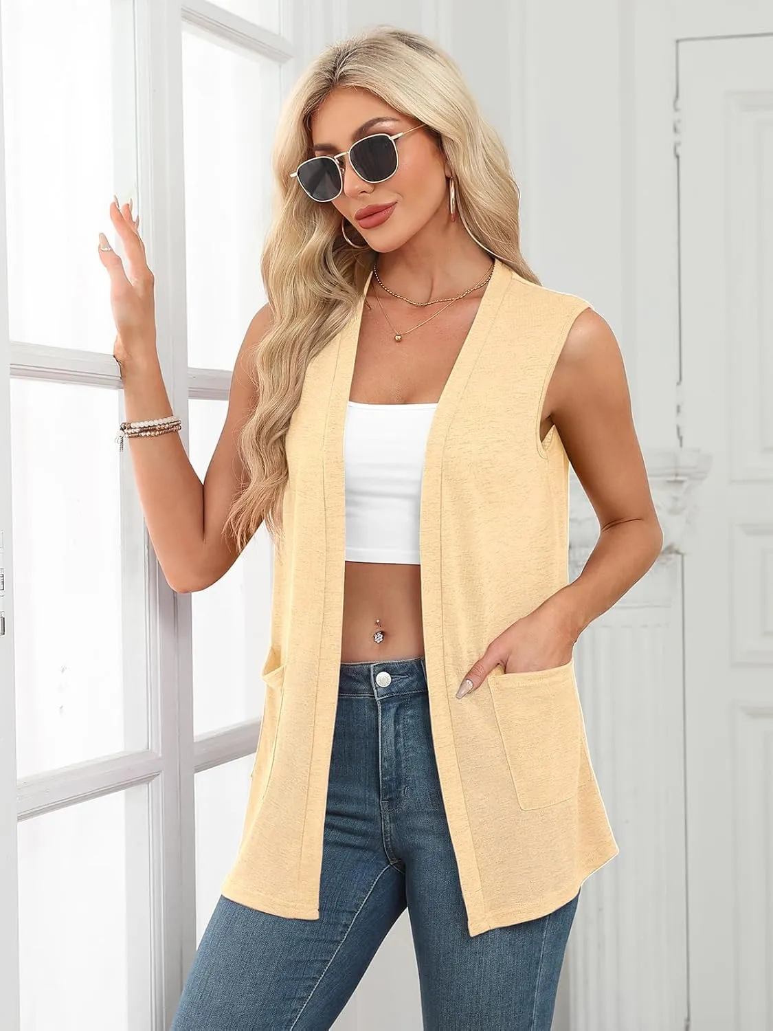 Summer Vest for Women Lightweight Fashion Casual Soft Knit Sleeveless Cardigan Curved Hem with Cozy Pockets (S-3XL)