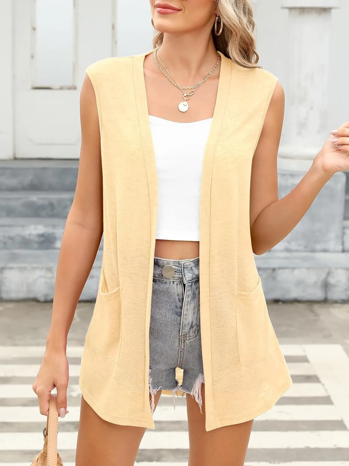 Summer Vest for Women Lightweight Fashion Casual Soft Knit Sleeveless Cardigan Curved Hem with Cozy Pockets (S-3XL)