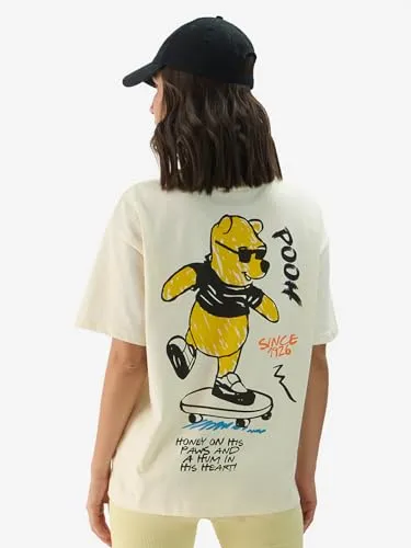 The Souled Store Disney: Winnie The Pooh Displacement Women and Girls Short Sleeve Round Neck Off White Graphic Print Oversized Fit T-Shirts