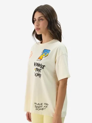 The Souled Store Disney: Winnie The Pooh Displacement Women and Girls Short Sleeve Round Neck Off White Graphic Print Oversized Fit T-Shirts