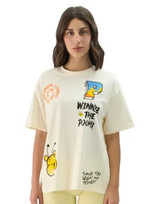 The Souled Store Disney: Winnie The Pooh Displacement Women and Girls Short Sleeve Round Neck Off White Graphic Print Oversized Fit T-Shirts