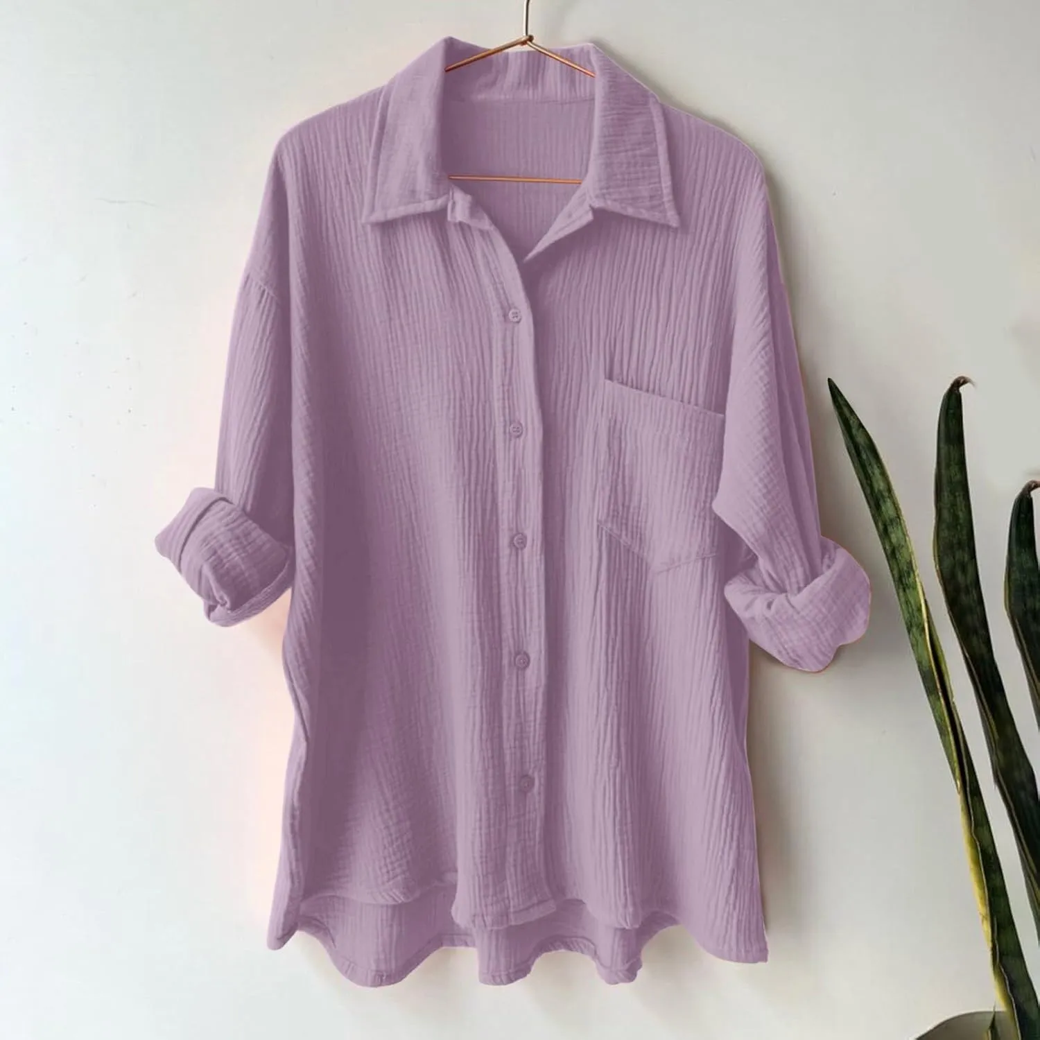Women Button Up Shirts Solid Long Sleeve Linen Summer Casual Comfy Blouses Top Loose Fit Tee Shirts