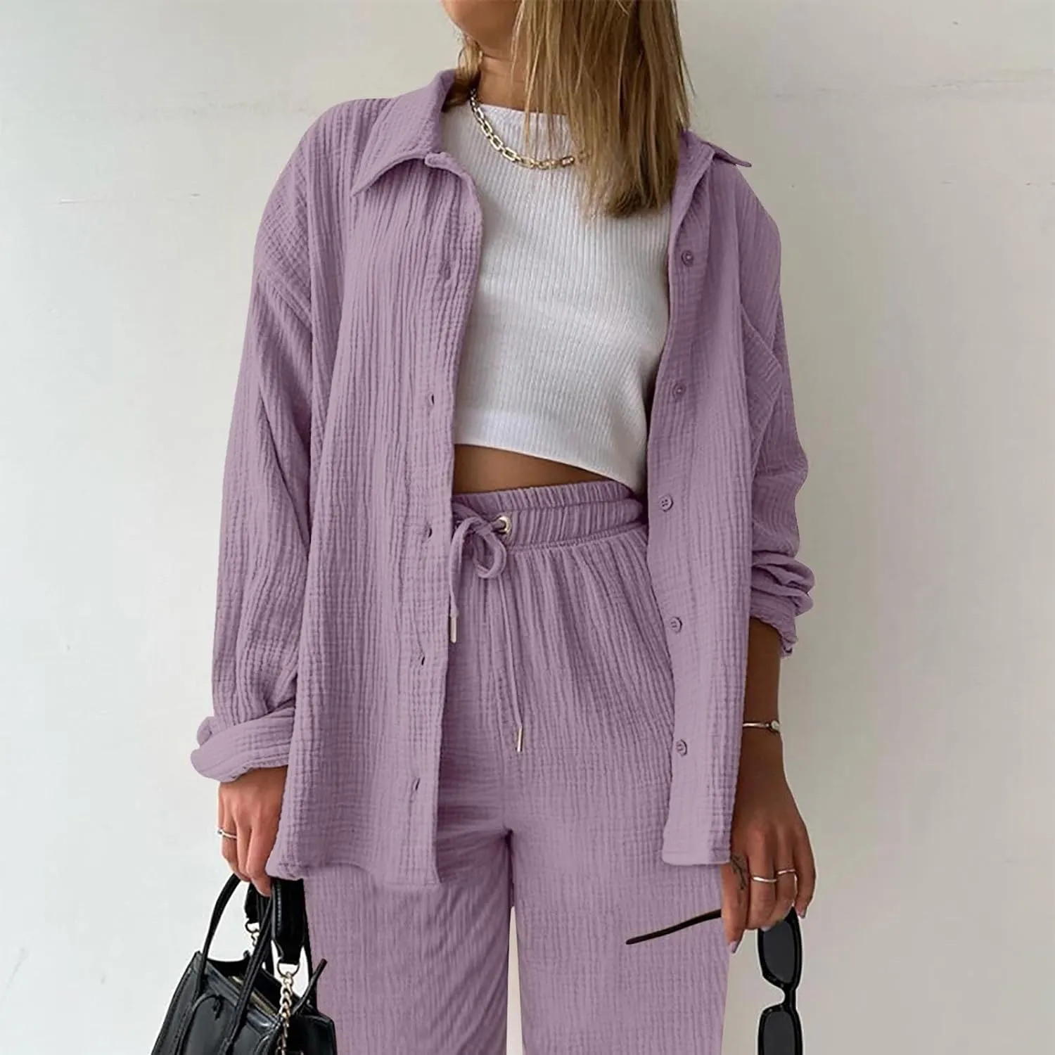 Women Button Up Shirts Solid Long Sleeve Linen Summer Casual Comfy Blouses Top Loose Fit Tee Shirts