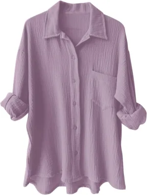 Women Button Up Shirts Solid Long Sleeve Linen Summer Casual Comfy Blouses Top Loose Fit Tee Shirts