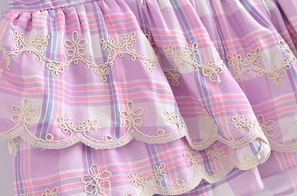 Women Clothing Spring Towel Embroidery Plaid Pleated Lotus Leaf Skirt