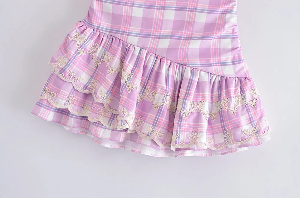 Women Clothing Spring Towel Embroidery Plaid Pleated Lotus Leaf Skirt