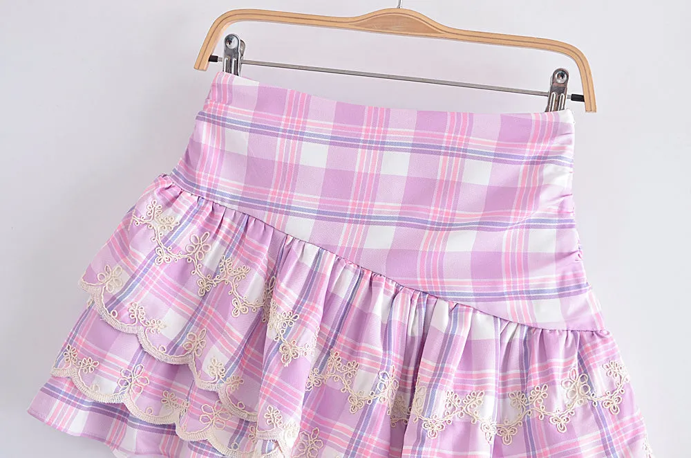 Women Clothing Spring Towel Embroidery Plaid Pleated Lotus Leaf Skirt
