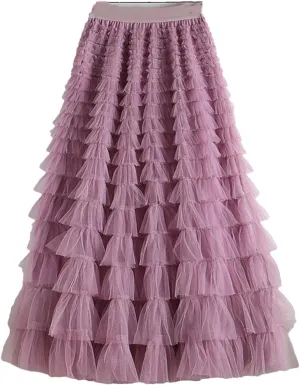 Women Tulle Skirt Spring Summer Elegant Layers High Waist Pleated Mesh Long Skirt