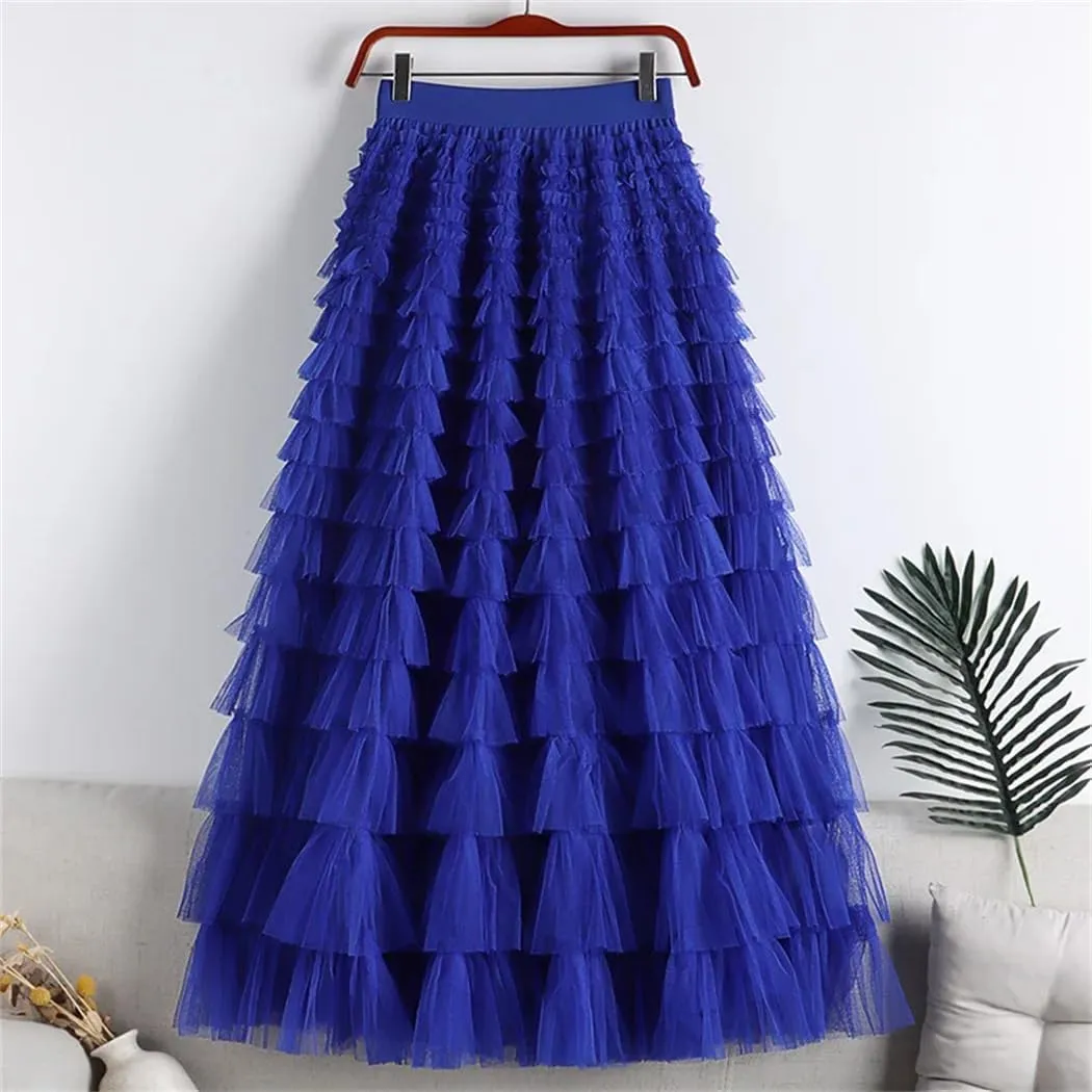 Women Tulle Skirt Spring Summer Elegant Layers High Waist Pleated Mesh Long Skirt