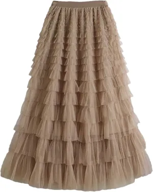 Women Tulle Skirt Spring Summer Elegant Layers High Waist Pleated Mesh Long Skirt