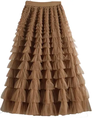 Women Tulle Skirt Spring Summer Elegant Layers High Waist Pleated Mesh Long Skirt