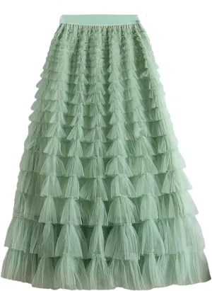 Women Tulle Skirt Spring Summer Elegant Layers High Waist Pleated Mesh Long Skirt