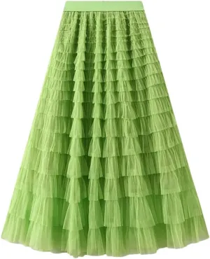 Women Tulle Skirt Spring Summer Elegant Layers High Waist Pleated Mesh Long Skirt