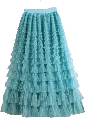 Women Tulle Skirt Spring Summer Elegant Layers High Waist Pleated Mesh Long Skirt