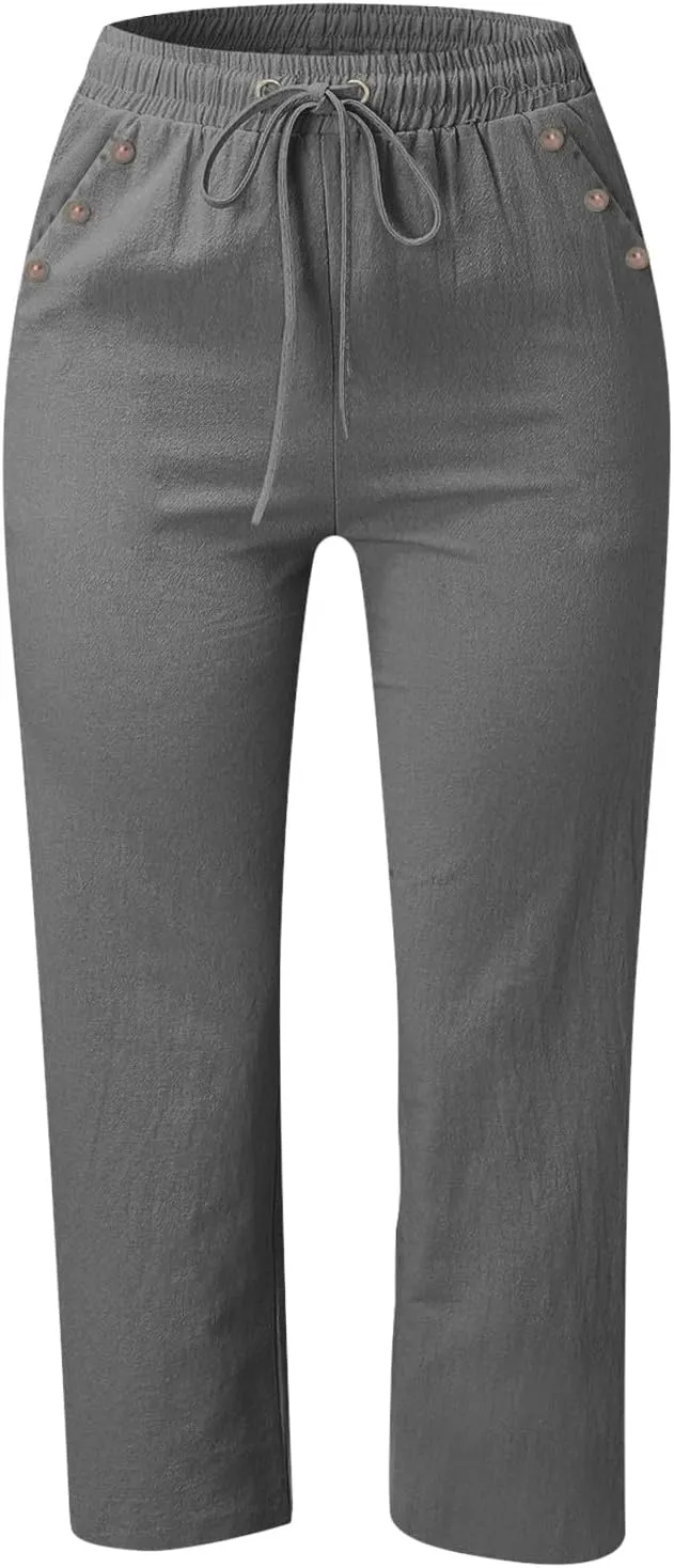 Women's Linen Cropped Pants Solid Color Relaxed Fit with Pockets, Breathable Summer Casual Capris
