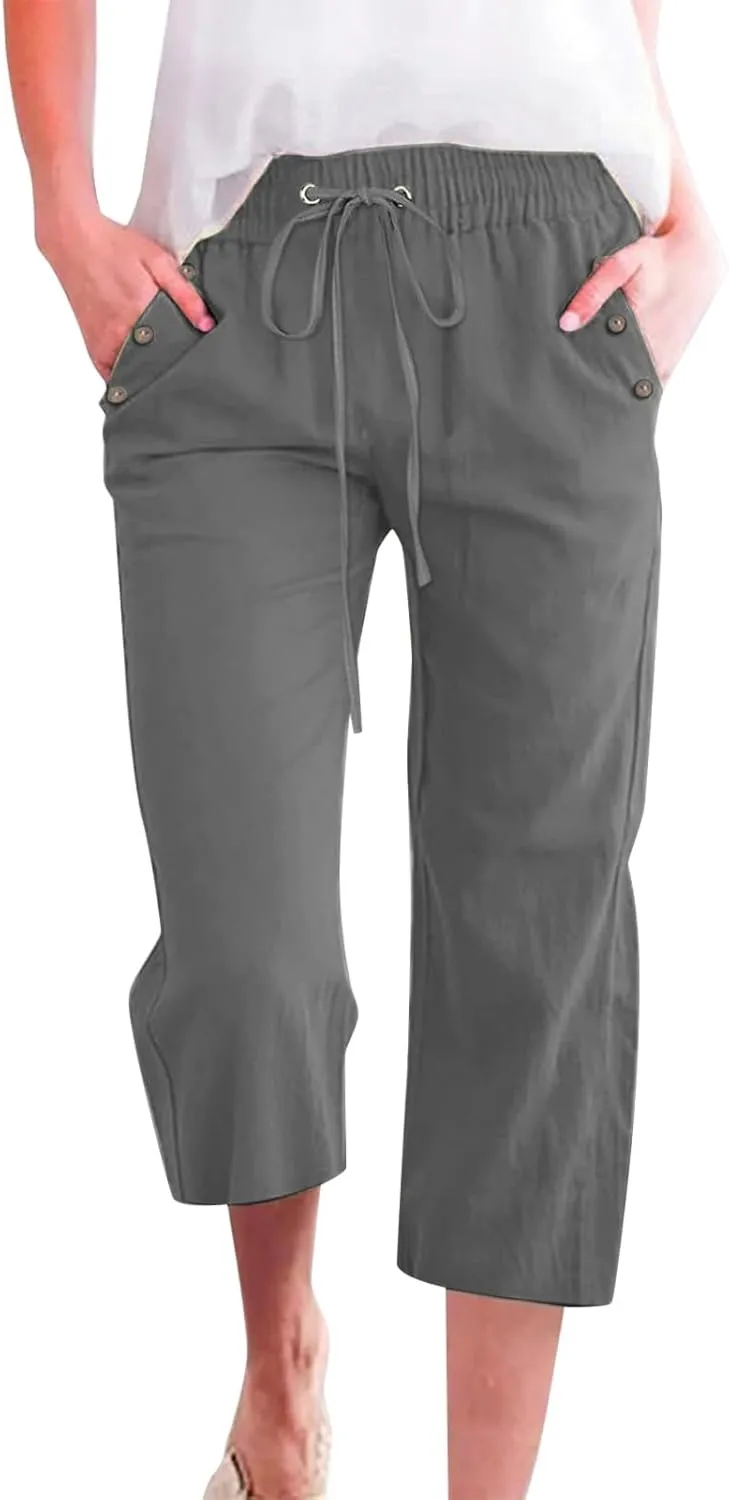 Women's Linen Cropped Pants Solid Color Relaxed Fit with Pockets, Breathable Summer Casual Capris