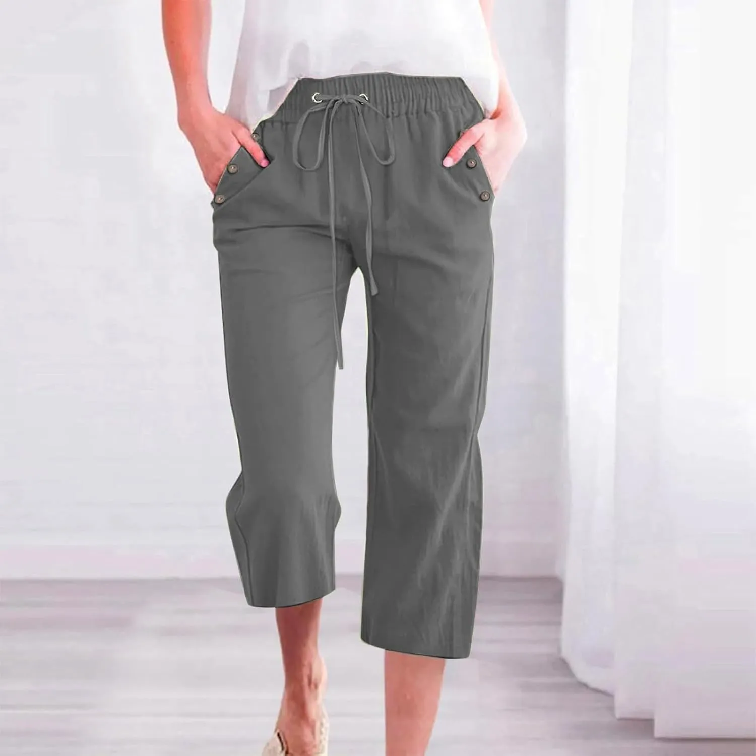 Women's Linen Cropped Pants Solid Color Relaxed Fit with Pockets, Breathable Summer Casual Capris