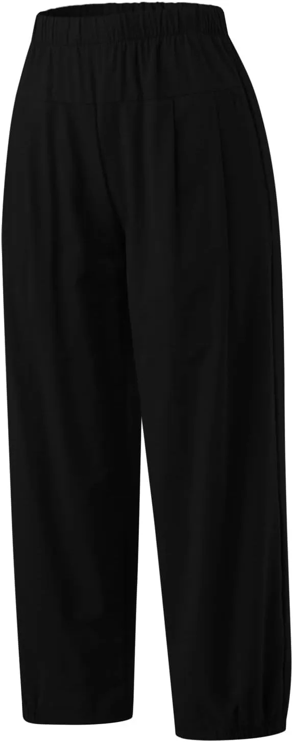 Womens Linen Pants Summer Relaxed Fit Plus Size Pants Lightweight Beach Baggy Crop Pants Trousers with Pckets