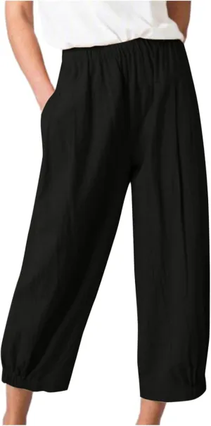 Womens Linen Pants Summer Relaxed Fit Plus Size Pants Lightweight Beach Baggy Crop Pants Trousers with Pckets