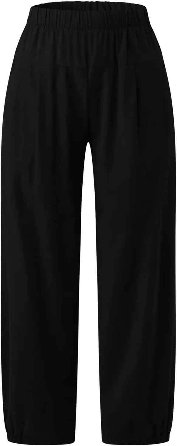 Womens Linen Pants Summer Relaxed Fit Plus Size Pants Lightweight Beach Baggy Crop Pants Trousers with Pckets