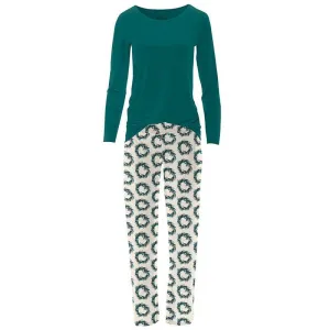 Women's Print Bamboo Long Sleeve Loosey Goosey Tee & Pajama Pants Set - Natural Holiday Wreath