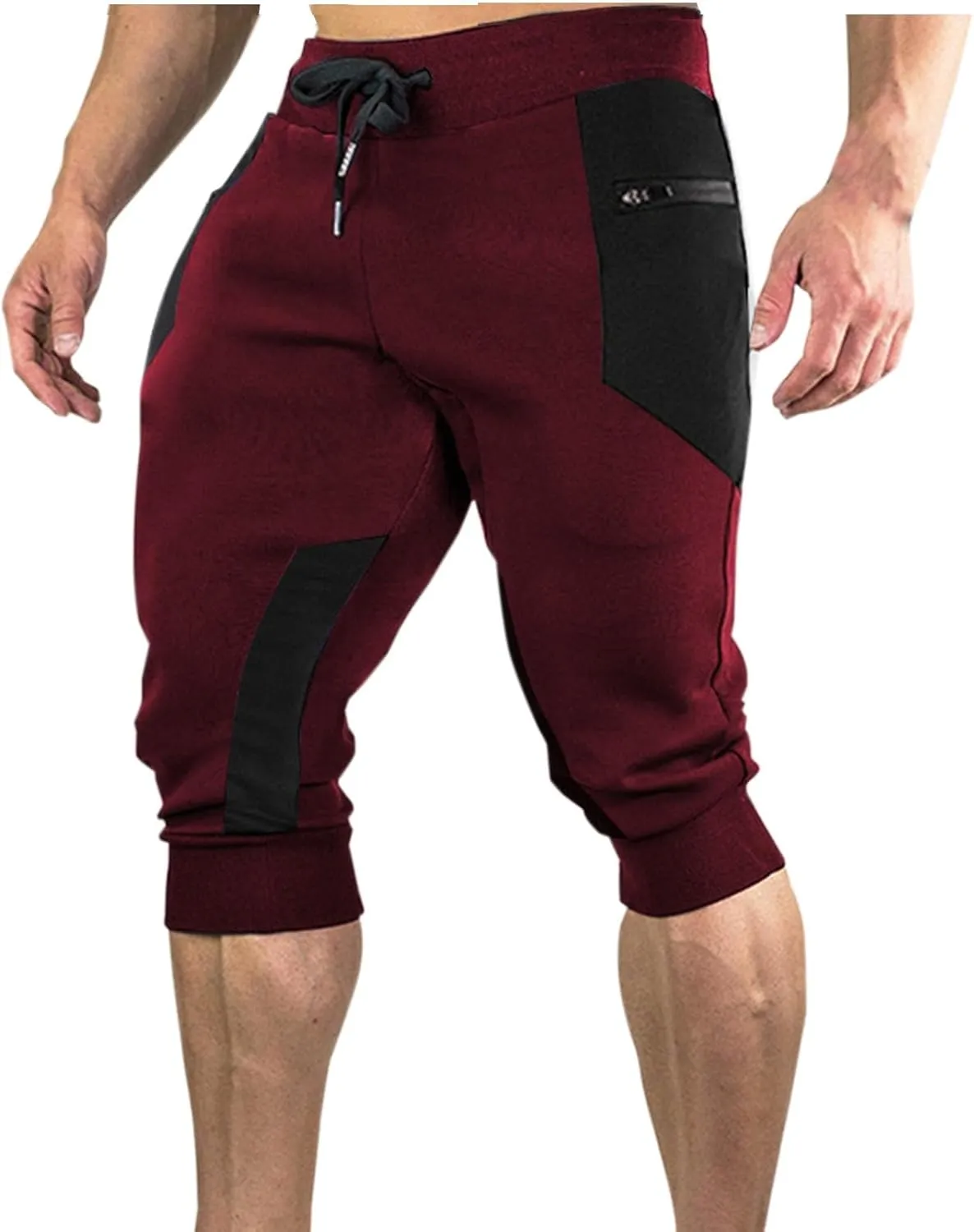 Workout Capris for Men Elastic Waist Drawstring Lightweight Shorts Trousers Slim Fit Running Hiking Pant