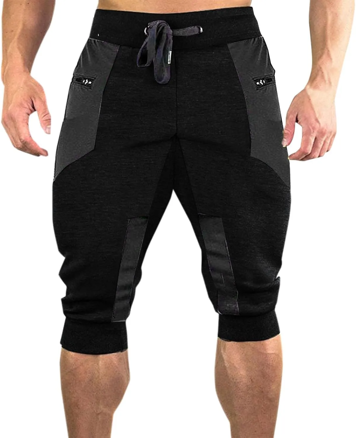 Workout Capris for Men Elastic Waist Drawstring Lightweight Shorts Trousers Slim Fit Running Hiking Pant