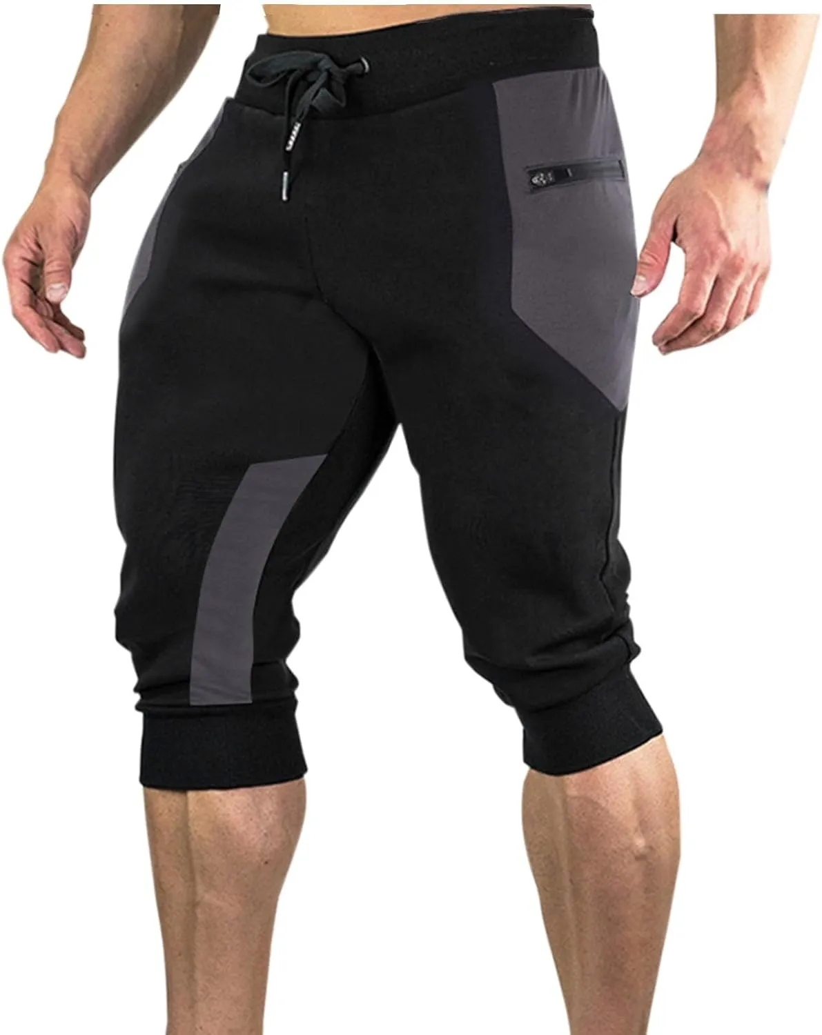 Workout Capris for Men Elastic Waist Drawstring Lightweight Shorts Trousers Slim Fit Running Hiking Pant