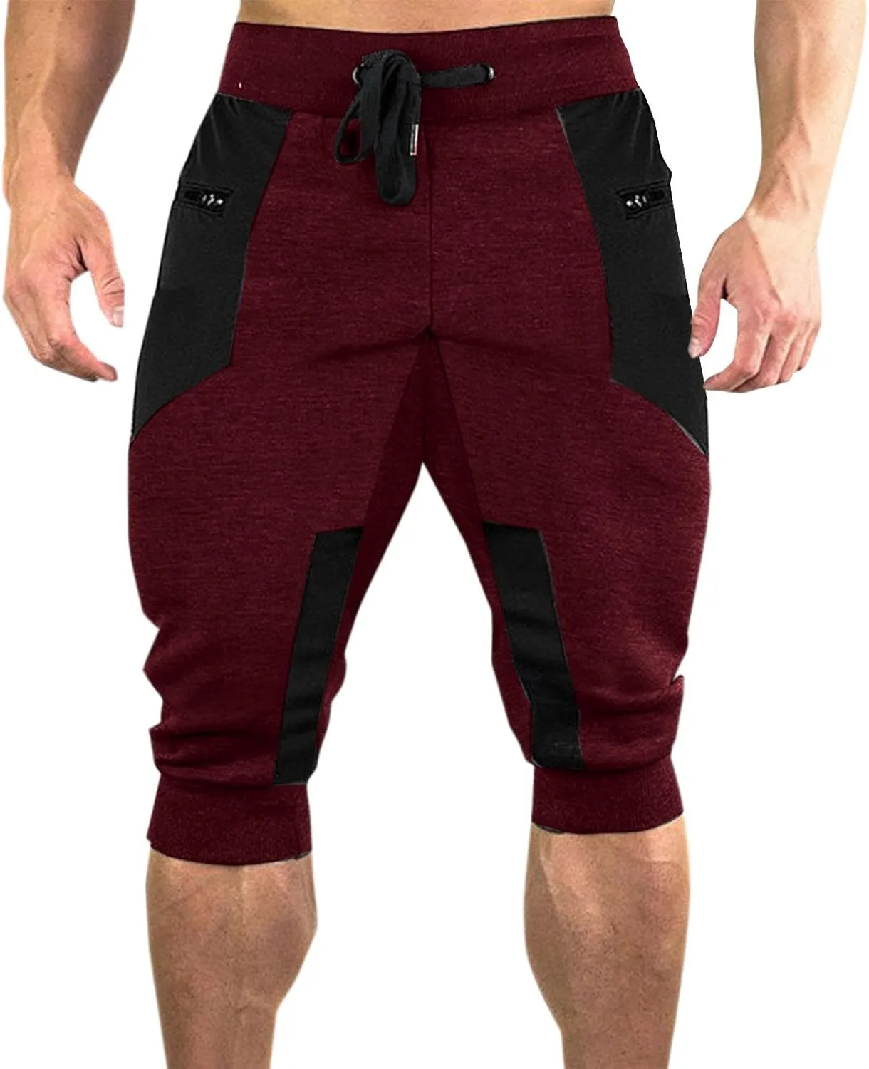 Workout Capris for Men Elastic Waist Drawstring Lightweight Shorts Trousers Slim Fit Running Hiking Pant