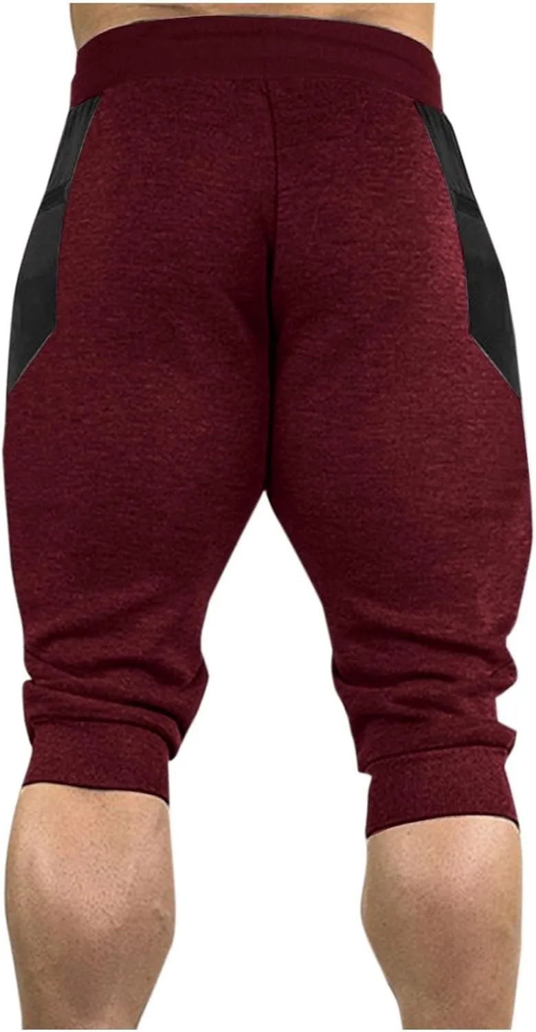 Workout Capris for Men Elastic Waist Drawstring Lightweight Shorts Trousers Slim Fit Running Hiking Pant