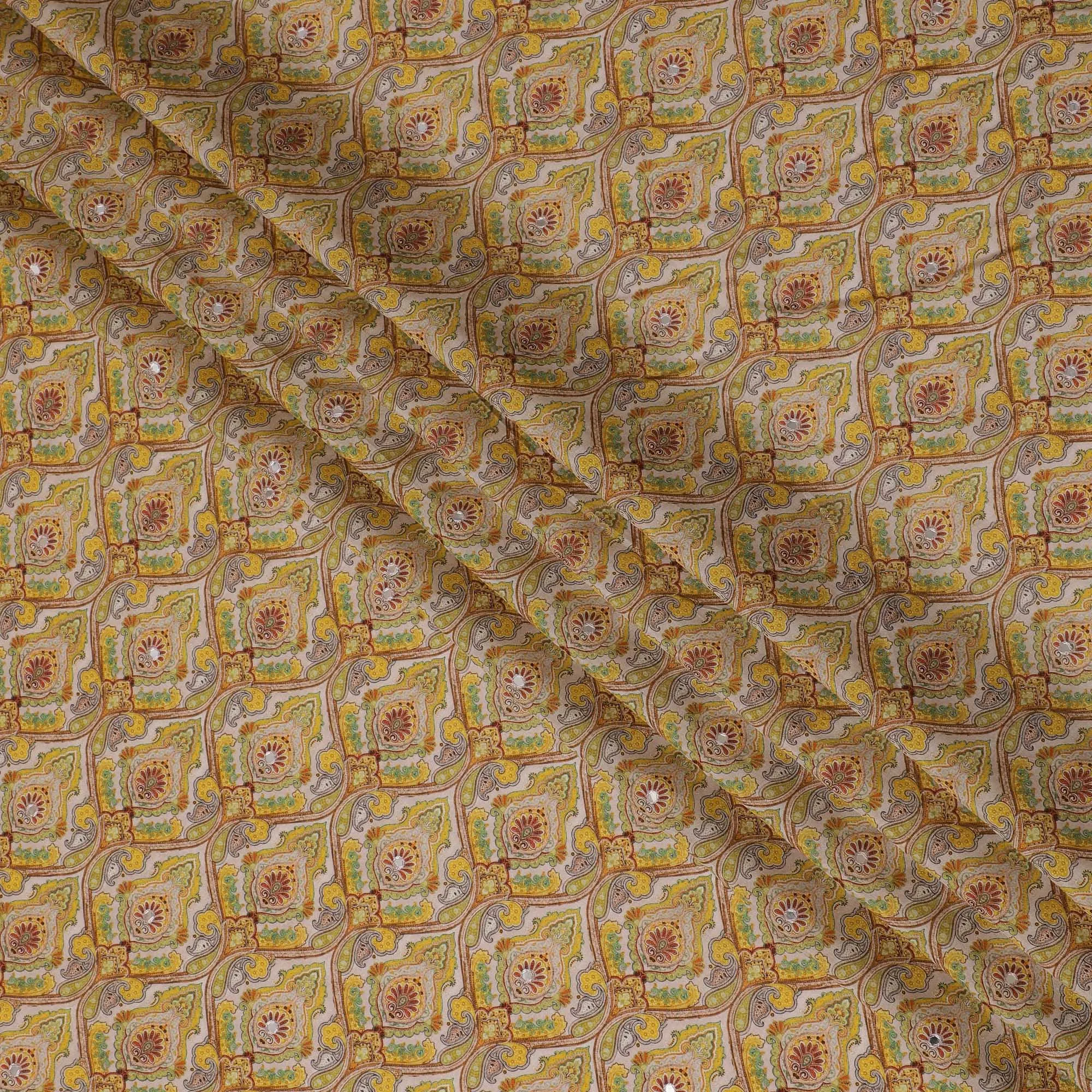 Yellow and Green Paisley Viscose Crepe Printed Fabric - 110 cm Wide-D20009